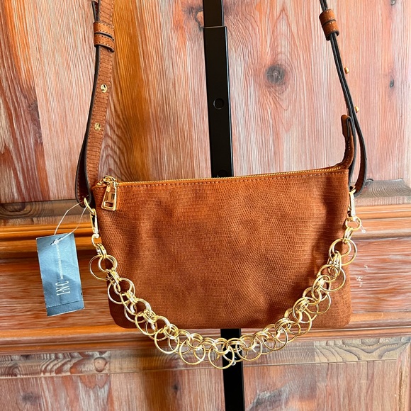 INC International Concepts Handbags - NWT INC Camel Lizard Crossbody bag with Gold tone chain in front